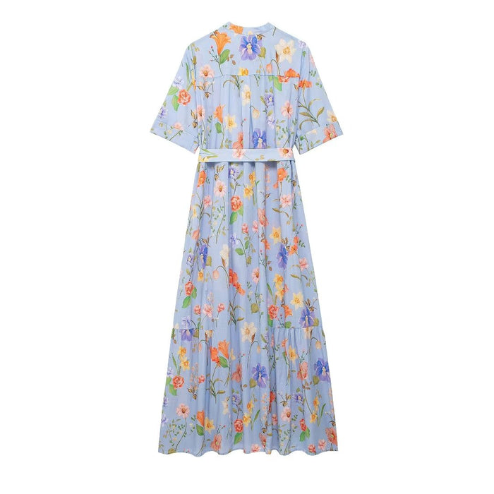 Women Clothing Floral Print Poplin Shirt With Belt Elegant Dress