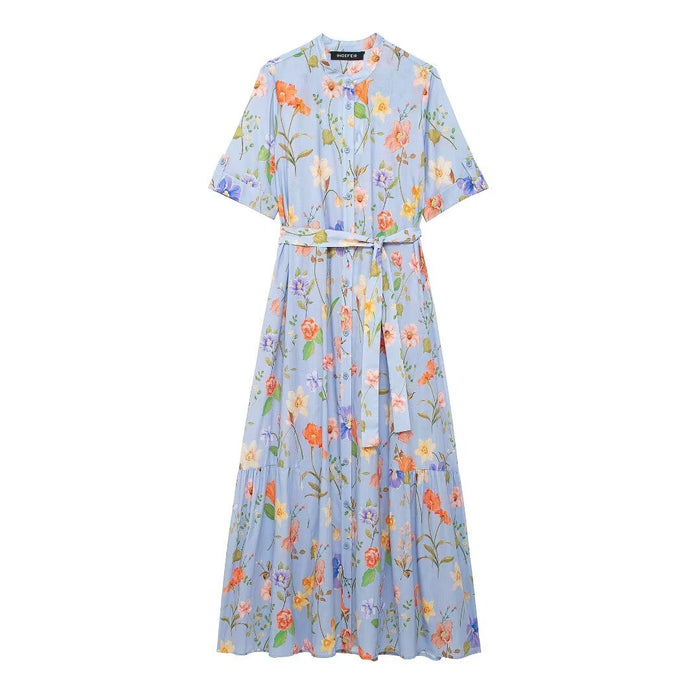 Women Clothing Floral Print Poplin Shirt With Belt Elegant Dress