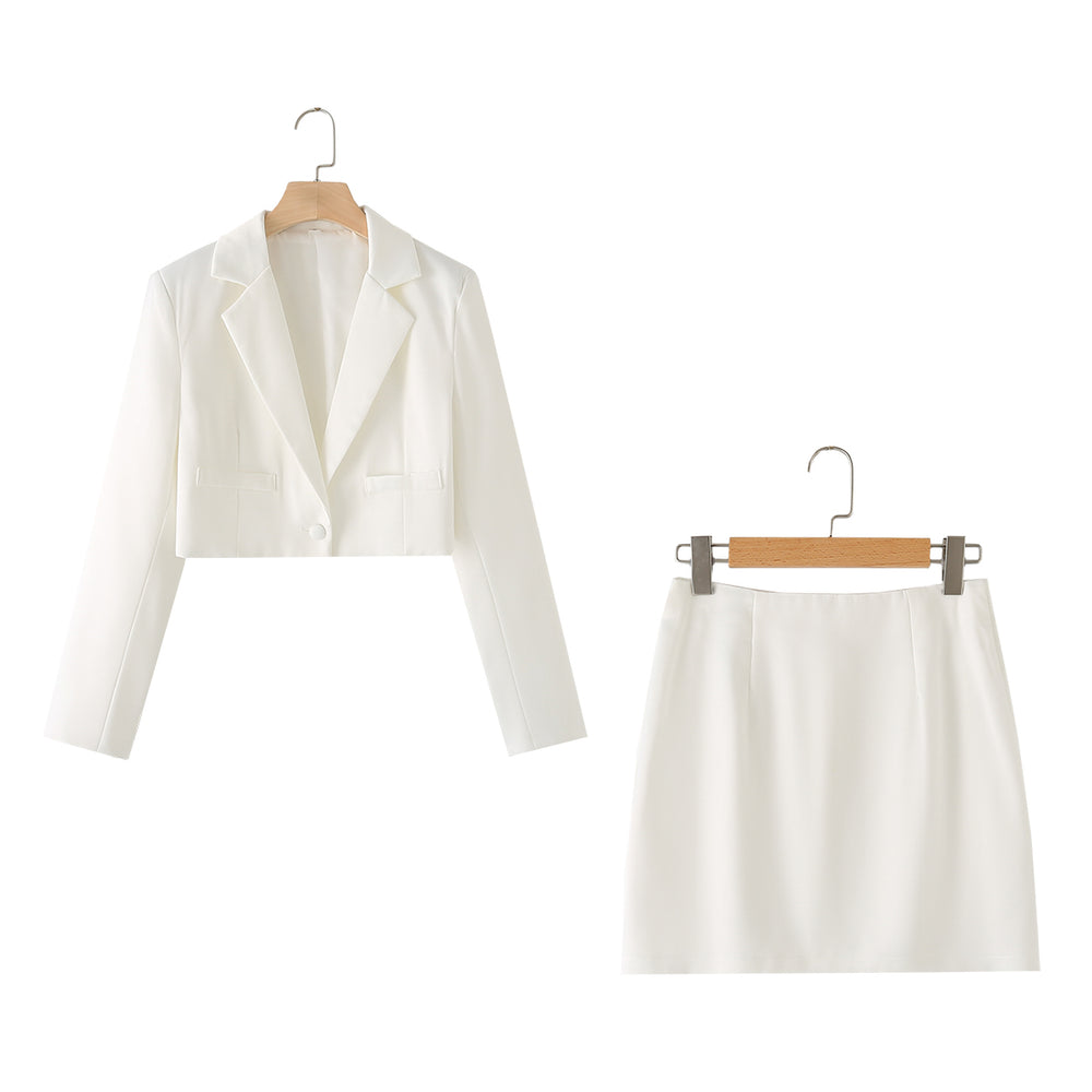 Women Spring Collared Cardigan Short Blazer Skirt Set