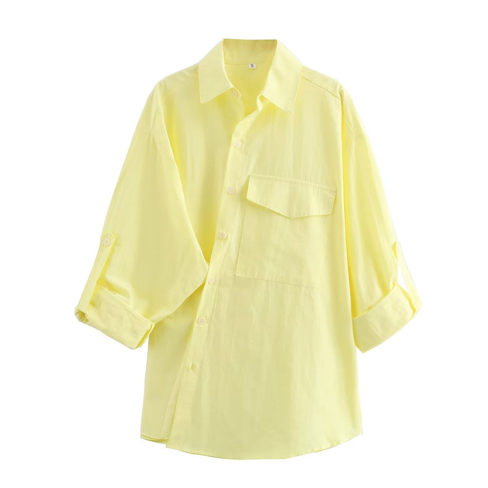 Women Clothing Summer Personalized Diagonal Buckle Tooling Poplin Shirt
