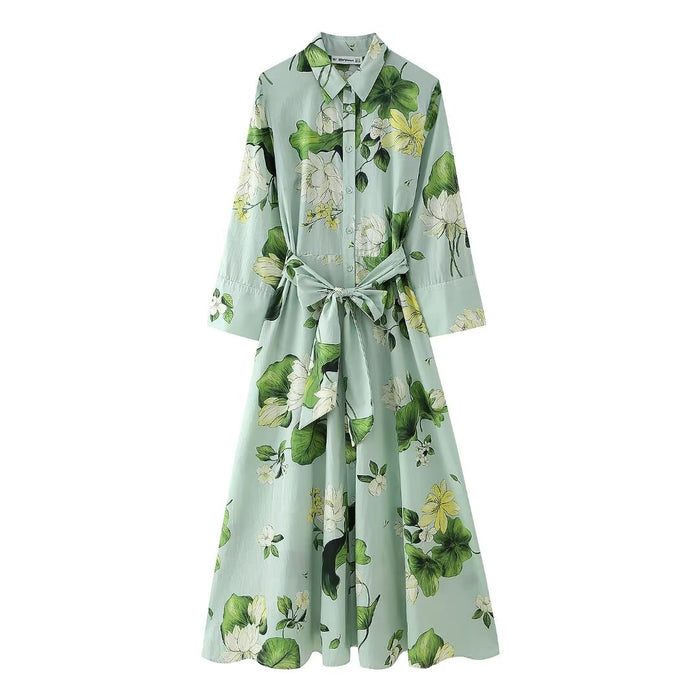 Women Floral Print Tied Shirt Long Sleeve Dress