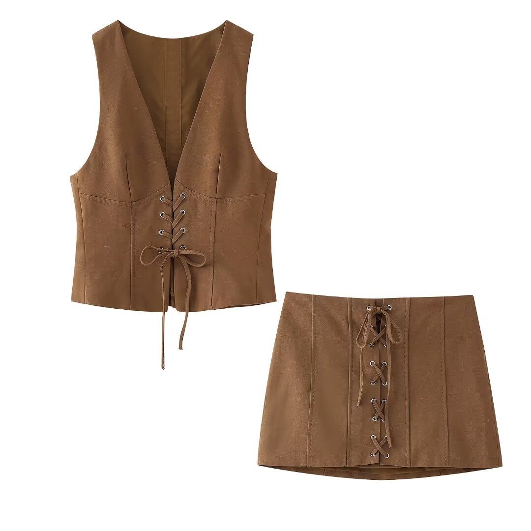 Summer Women Clothing Deep V Plunge neck Sleeveless Vest Skirt with Rope Set
