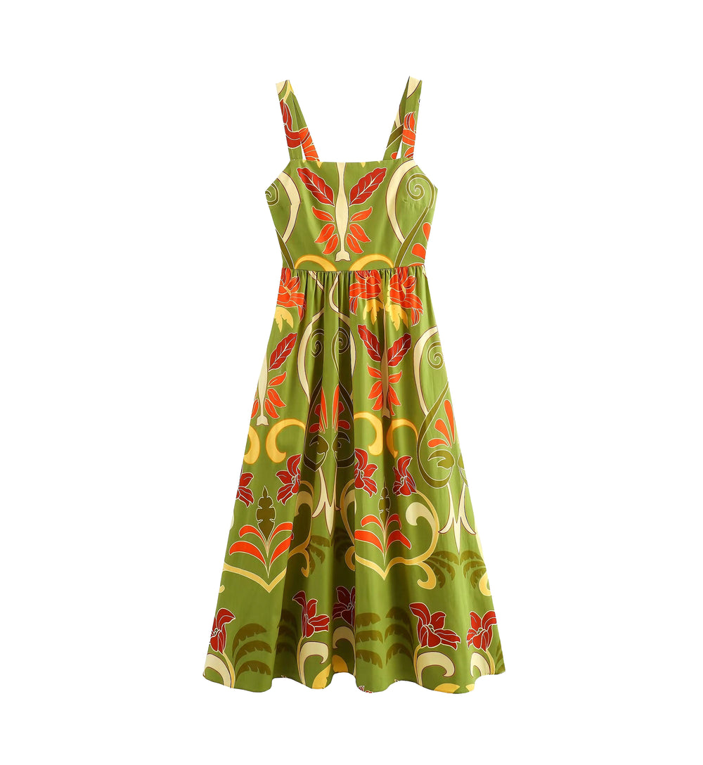 Summer Printed Lace up Midi Dress Sling Dress