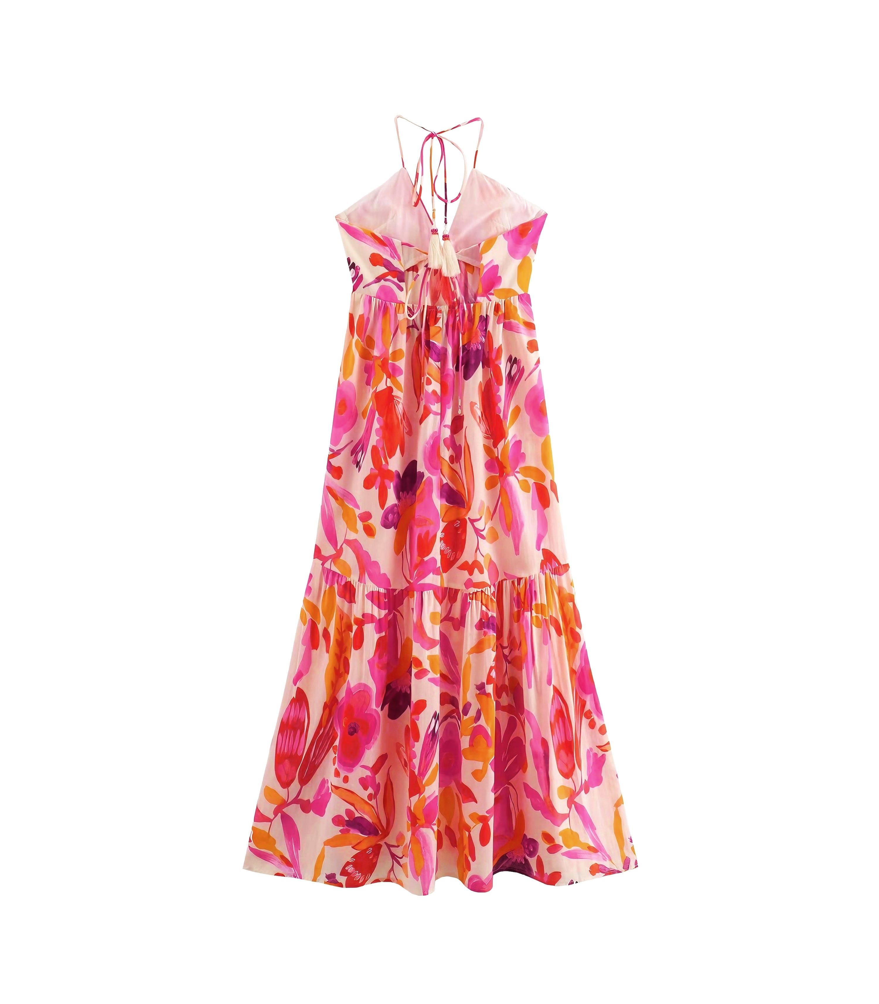 Summer Street V neck Backless Halter Printing Length Dress