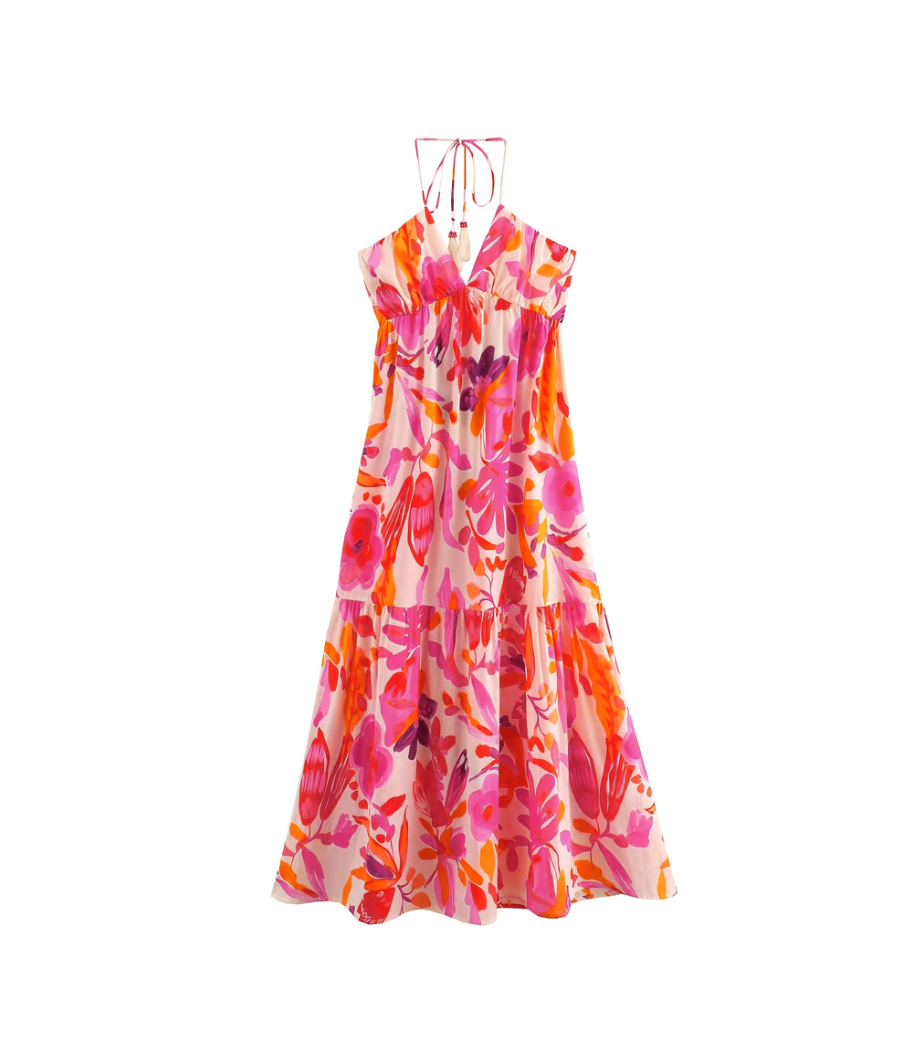 Summer Street V neck Backless Halter Printing Length Dress