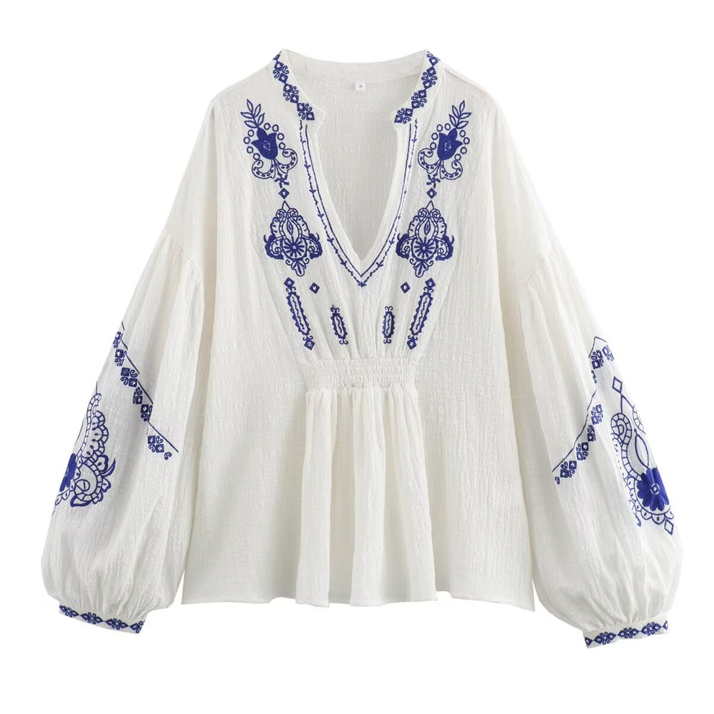 Women Cotton Fabric Beaded Embroidered V neck Long Sleeve Shirt Top