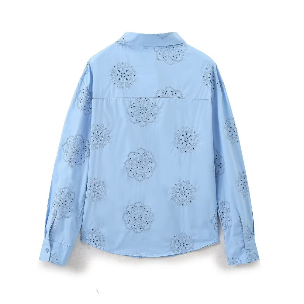 Summer Women Collared Adhesive Floral Embroidery Decorative Poplin Long Sleeve Shirt Women