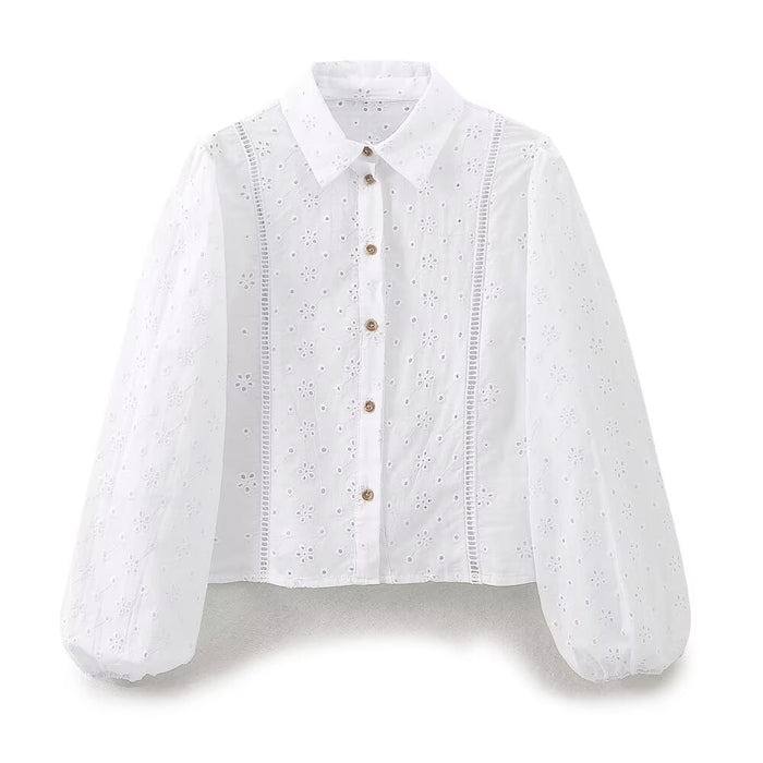 Summer Women Clothing Street Collared Loose Hollow Out Cutout Cardigan Long Sleeve Women Shirt