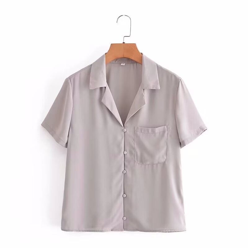 Summer Women All Match Solid Color Suit Collar Single Breasted Short Sleeve Pocket Decoration Loose Shirt