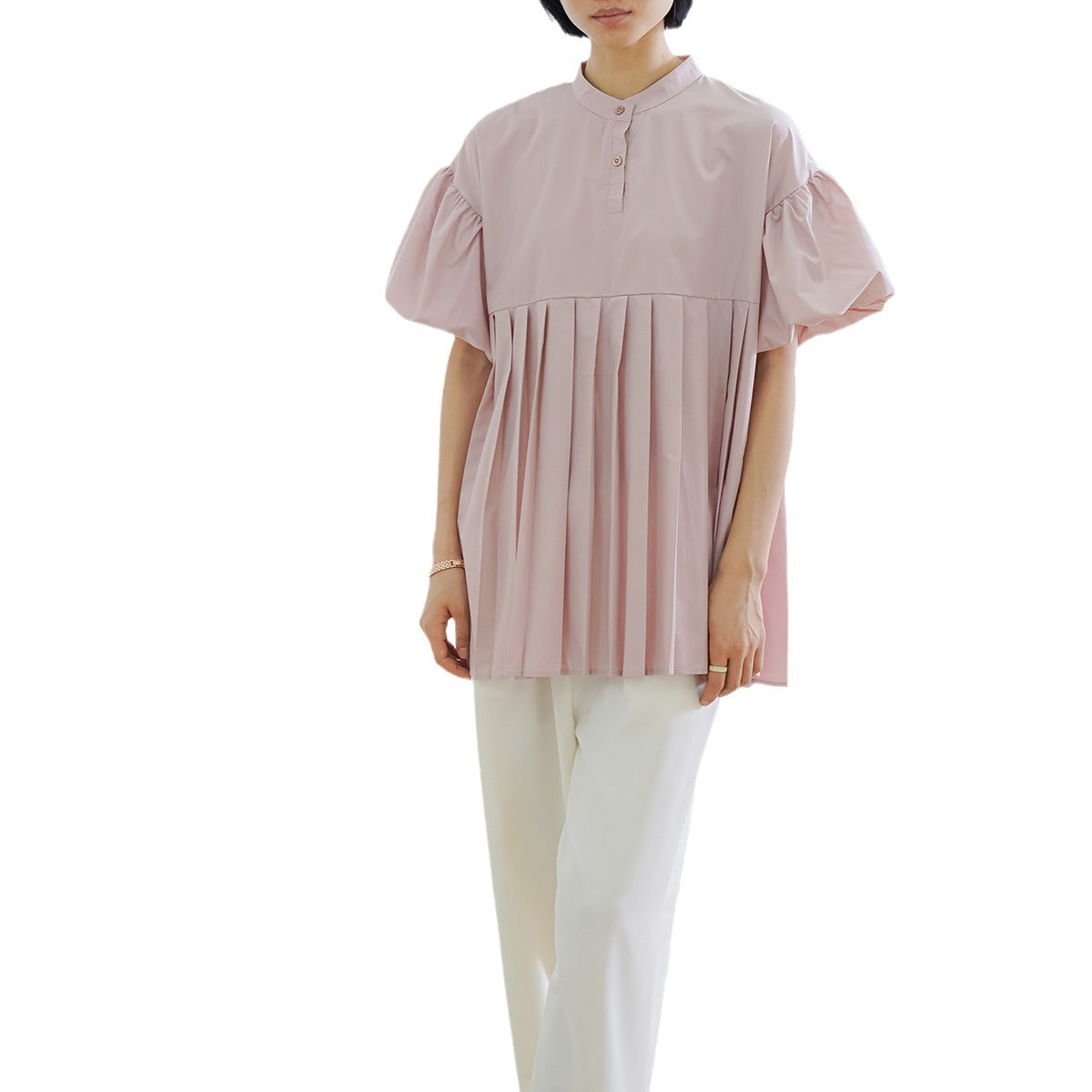 Spring Summer Cotton Anti Wrinkle Women Shirt Lantern Sleeve Pleated Cute Top