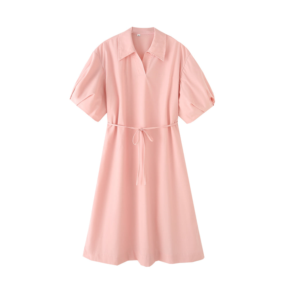 Women Solid Color Pure Cotton Tied Shirt Short Sleeve Casual Dress