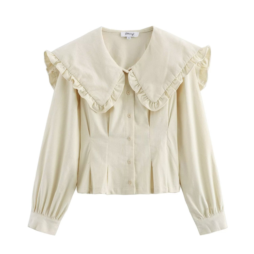 Women Solid Color Corduroy Doll Collar Loose Casual Long Sleeves Shirt