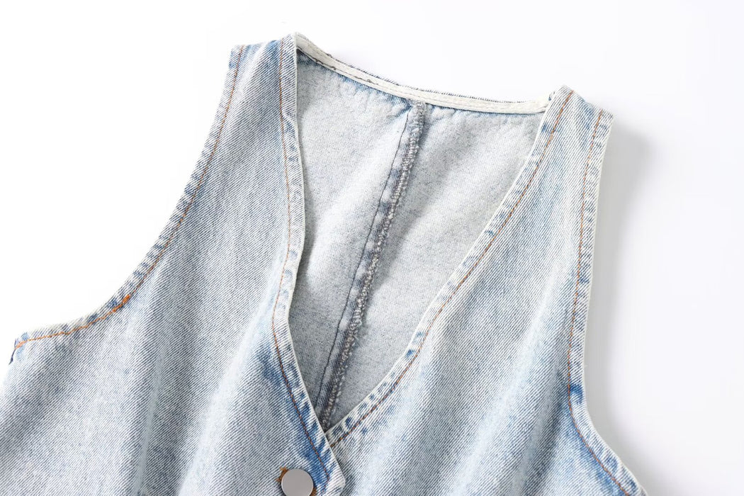 Summer Women Sleeveless V Neck Denim Jacket High Waist Mini Skirt