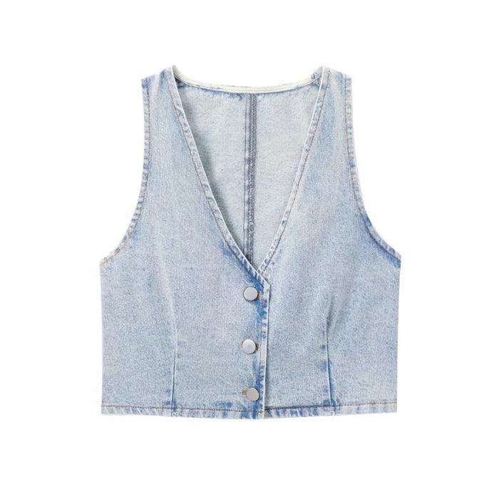 Summer Women Sleeveless V Neck Denim Jacket High Waist Mini Skirt