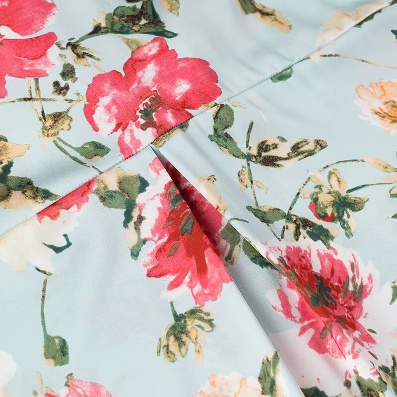 Summer Women Floral Print Silk Texture Long Sleeve Shirt