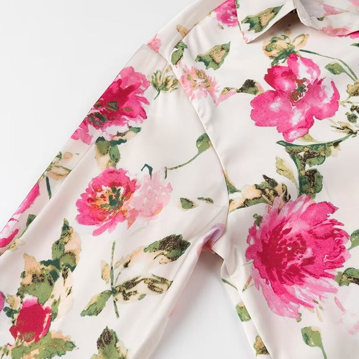 Summer Women Floral Print Silk Texture Long Sleeve Shirt