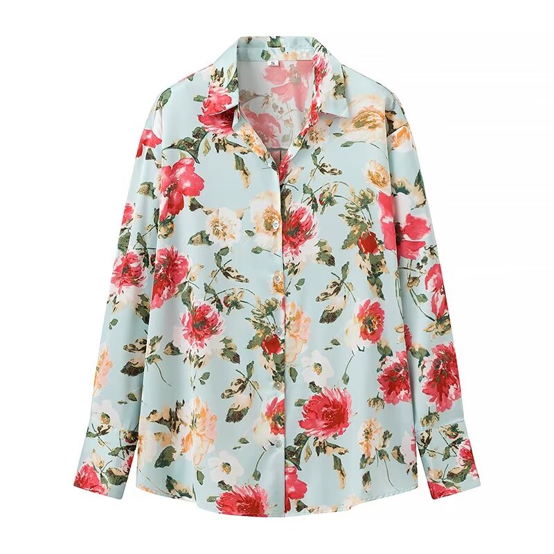 Summer Women Floral Print Silk Texture Long Sleeve Shirt