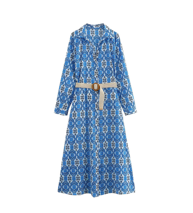 Women Printing With Belt Shirt Long Sleeve Dress