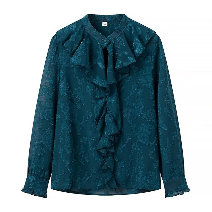 Summer Casual Women Ruffled Decorative Hollow Out Cutout Round Neck Chiffon Jacquard Loose Shirt Top