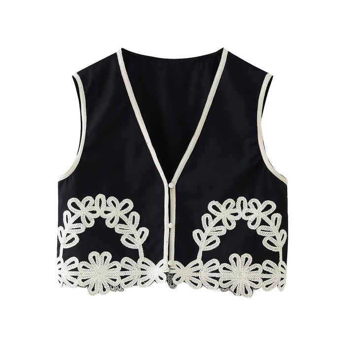 Summer Elegant Sleeveless Button Embroidery Vest