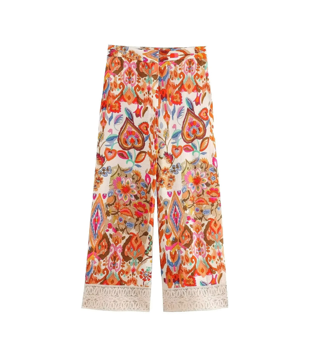Summer Floral Trim Printed Printed Pants
