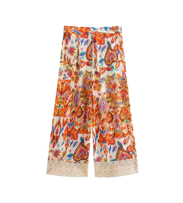 Summer Floral Trim Printed Printed Pants