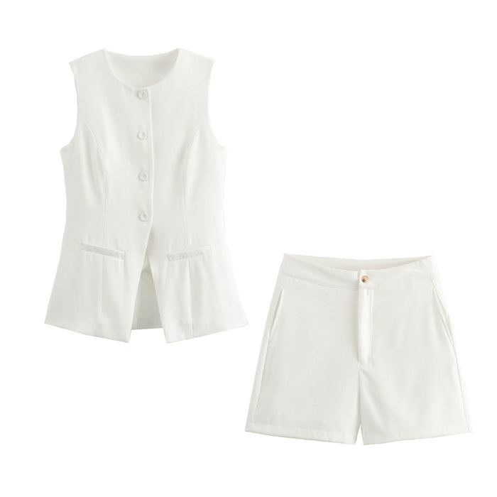 Women Spring Clothing Casual Set Elegant Single Breasted Vest Shorts Set