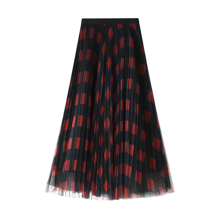 Colorful Plaid Mesh Skirt Pleated Skirt Mid Length Gauze Skirt