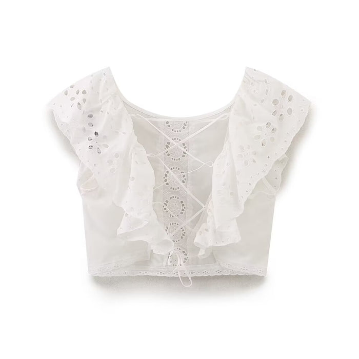 Summer Women Clothing Fashionable All Match Hollow Out Cutout Embroidered Laminated Decoration Top