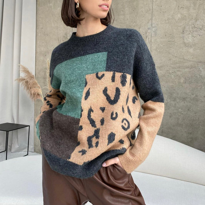 Leopard Splicing Sweater Women Soft Thickened Cashmere Long Sleeved Knitted Top