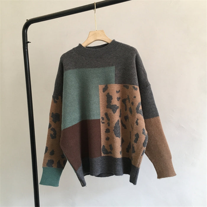 Leopard Splicing Sweater Women Soft Thickened Cashmere Long Sleeved Knitted Top