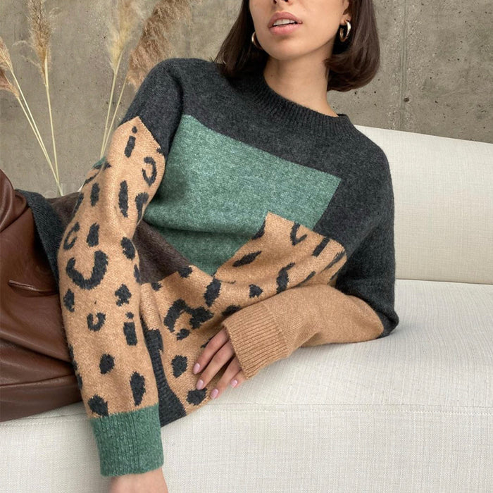 Leopard Splicing Sweater Women Soft Thickened Cashmere Long Sleeved Knitted Top