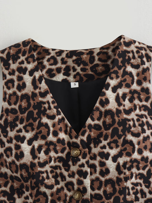 Women Clothing Polo Collar Button Leopard Print Short Loose Casual Vest