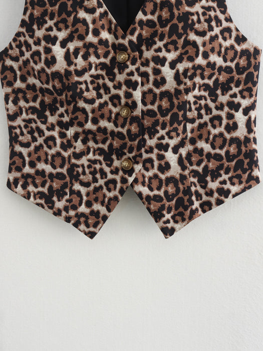 Women Clothing Polo Collar Button Leopard Print Short Loose Casual Vest