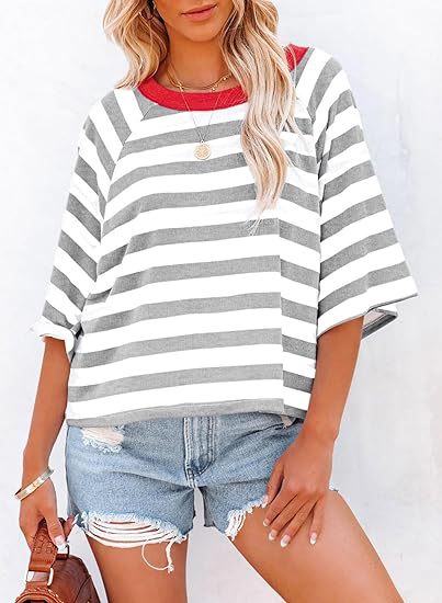 Women Summer Striped T shirt Short Sleeve Color Matching Design Loose Basic T shirt Top