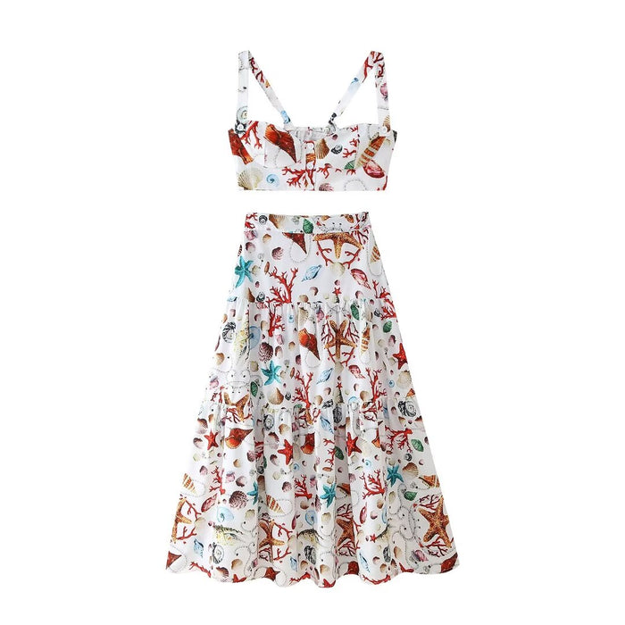 Spring Summer Women Clothing Elegant Printed Sling Skirt Set