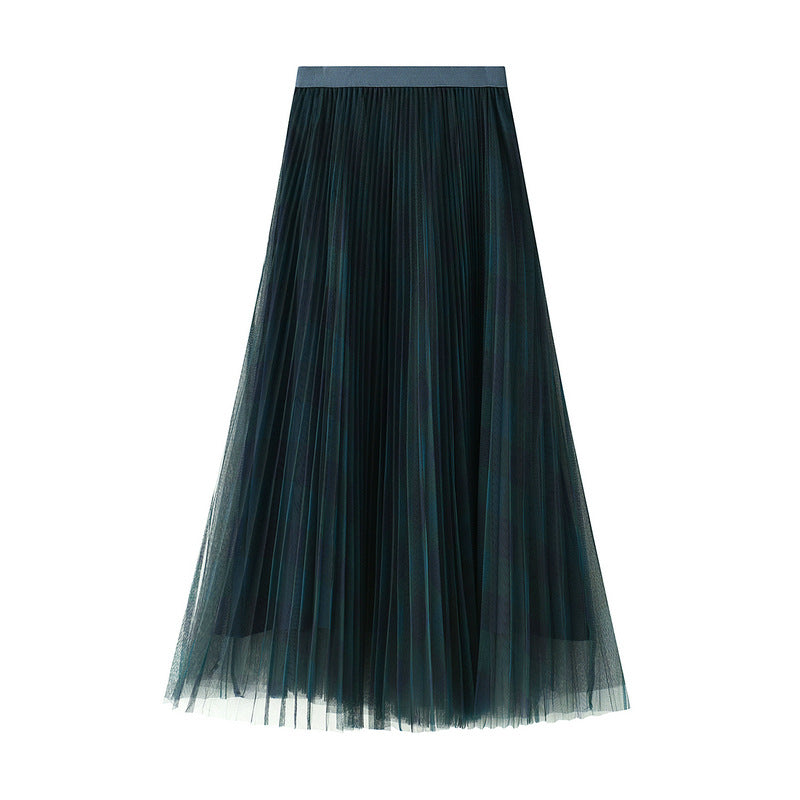 Colorful Plaid Mesh Skirt Pleated Skirt Mid Length Gauze Skirt