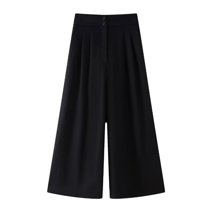 Summer Women Clothing Retro Loose Casual High Waist Wide Leg Linen Blended Pleated Pants Sets