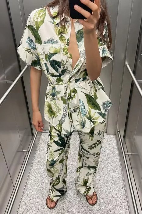 Women Clothing Autumn Tropical Printed Short Sleeve Shirt Straight Leg Pants Suit