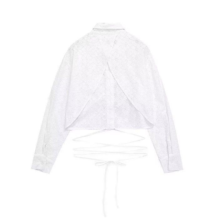 Spring Women Street All Match Hollow Out Cutout Embroidery Short Shirt