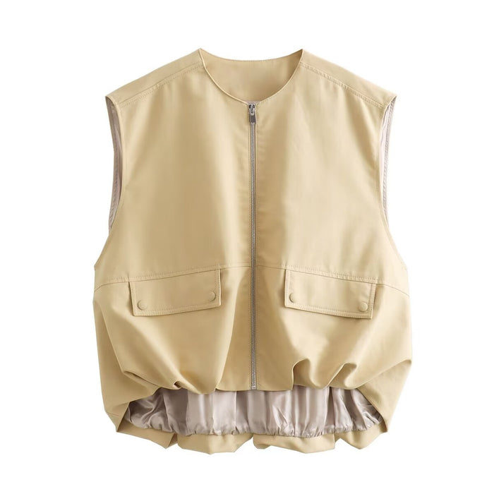 Fall Women Clothing Pleated Hem Cotton Vest