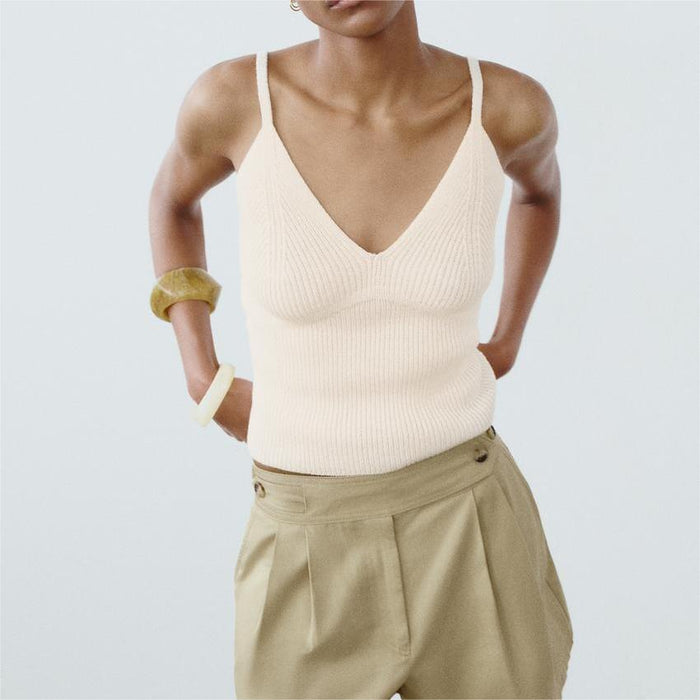 Summer V Neck Slim Slimming Solid Color Knitted Sling Top