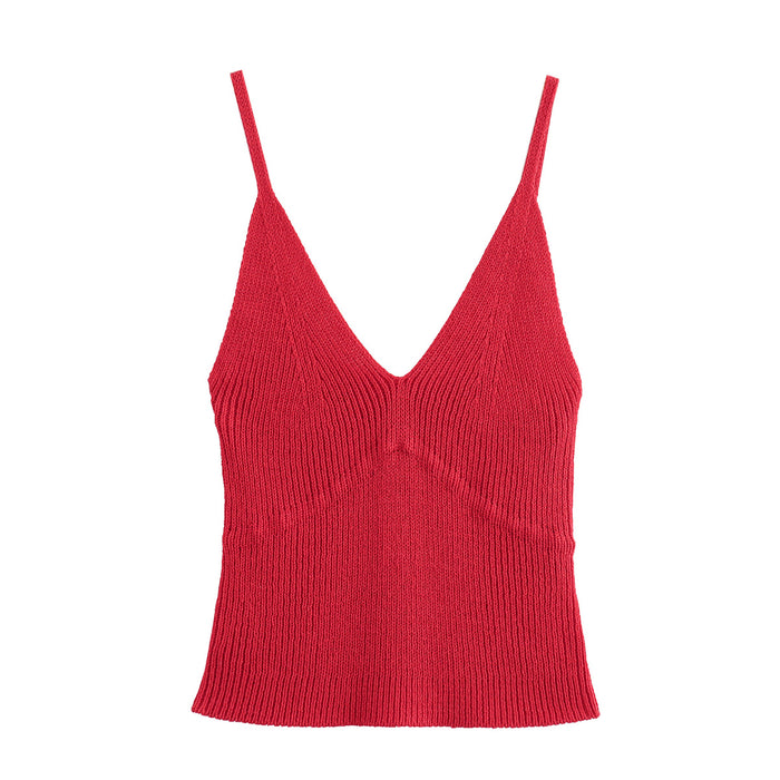 Summer V Neck Slim Slimming Solid Color Knitted Sling Top