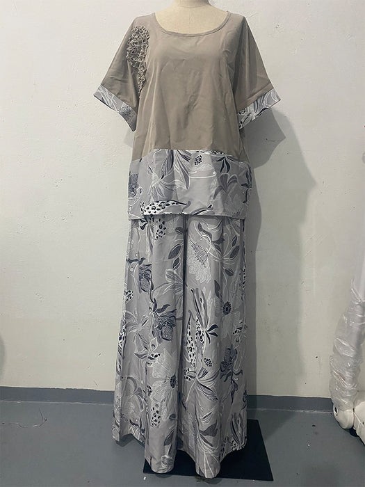 Stitching round Neck Short-Sleeved Top Printed Wide Leg Pants Trousers Two Piece Set for Women