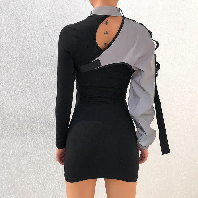 Women Clothing Trendy Asymmetric Shoulder Long Sleeve School Bag Buckle Reflective Patchwork Top Blouse