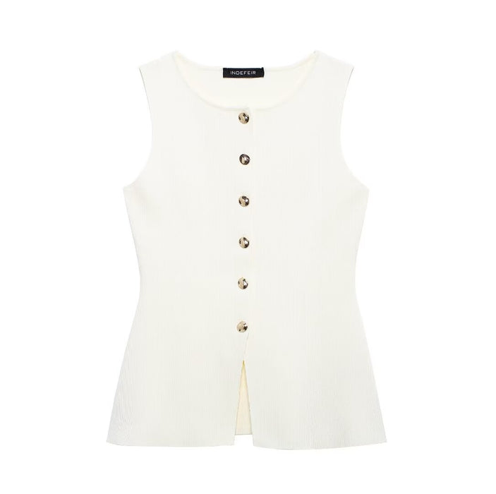 Summer Women Street Vest Golden Button Plain Stitch Vest