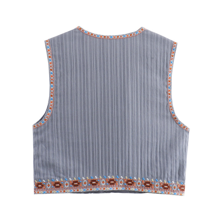 Graceful Fashionable Round Neck Sleeveless Vest Top Women Summer Bohemian Embroidery Cotton Linen Coat