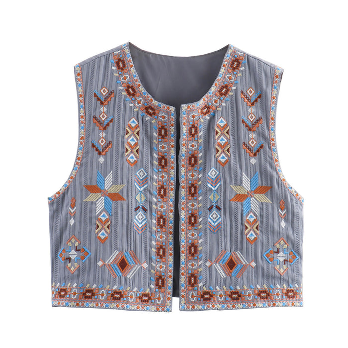 Graceful Fashionable Round Neck Sleeveless Vest Top Women Summer Bohemian Embroidery Cotton Linen Coat