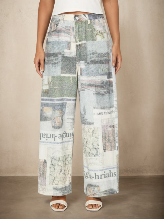 Newspaper Printing Design Wide Leg Jeans Women All Match Drooping Slimming Straight Jeans