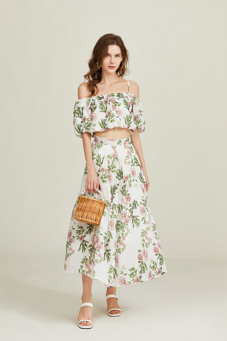 Sexy Off The Shoulder Tencel Cotton Ruffled Mid Sleeve Top Skirt Two Piece Set